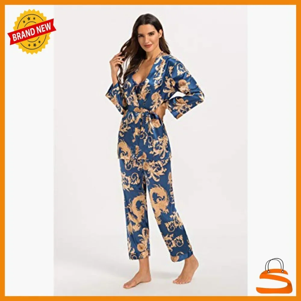 Silk Satin Pajama Set 3 Piece with Robe Long Sleeve Sleepwear Medium